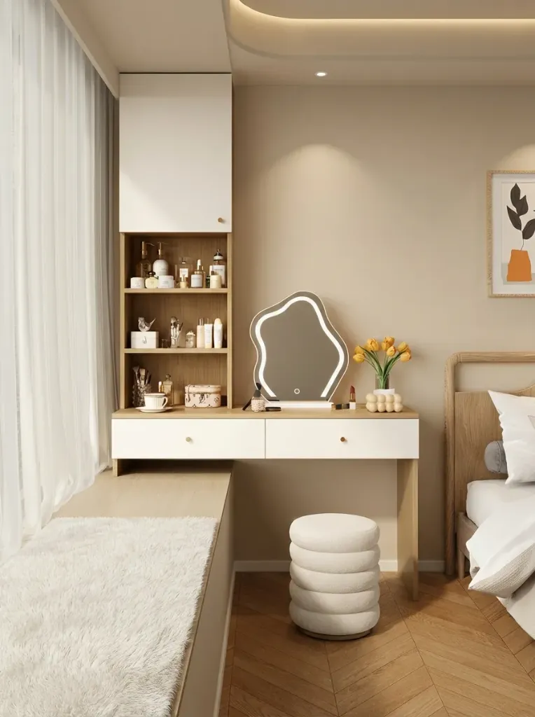 Bàn Trang Điểm Bệ Cửa Sổ Gỗ Đa Lớp Màu Kem | BTD001