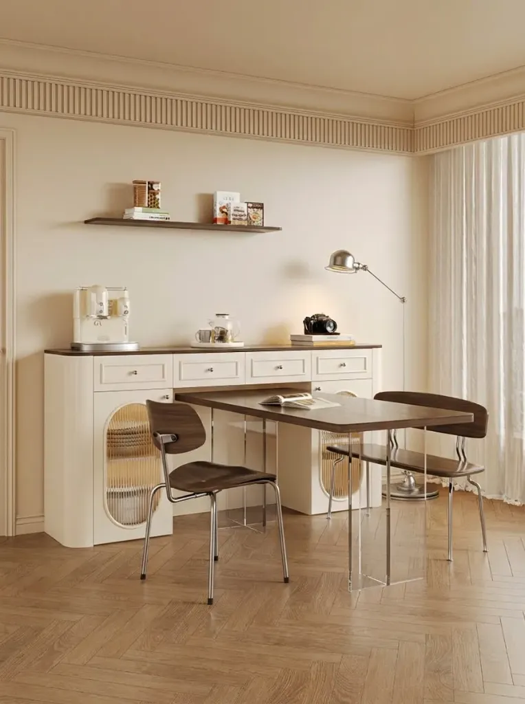 Hệ Tủ Bếp Kết Hợp Bàn Ăn Kéo Dài Phong Cách French Vintage Cream | HTB002